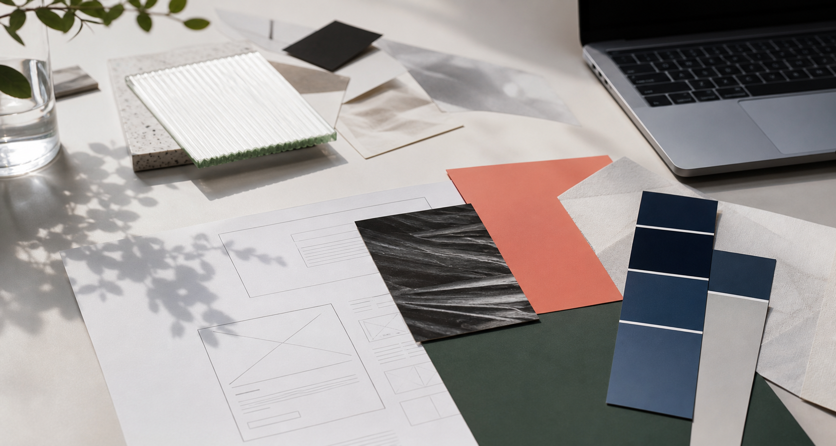 Abstrakte Studioaufnahme mit Papiermustern, Farbflaechen und Webdesign-Skizzen